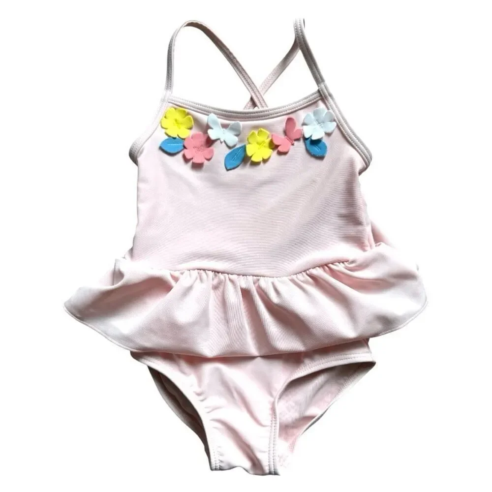 Baby Girls Carters Floral Detail Neckline One Piece Swinsuit Bathing Suit - 9 mo